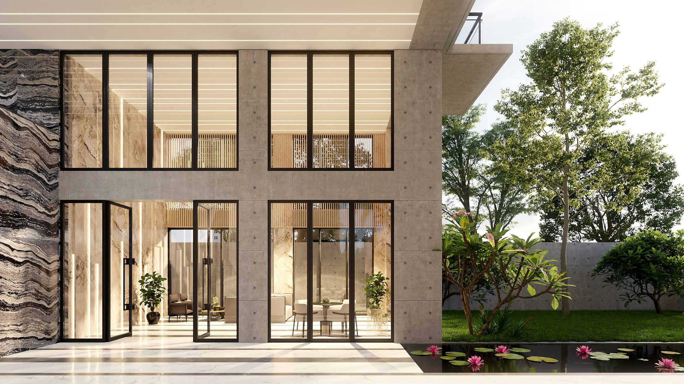 Contemporary architecture opening onto a green garden